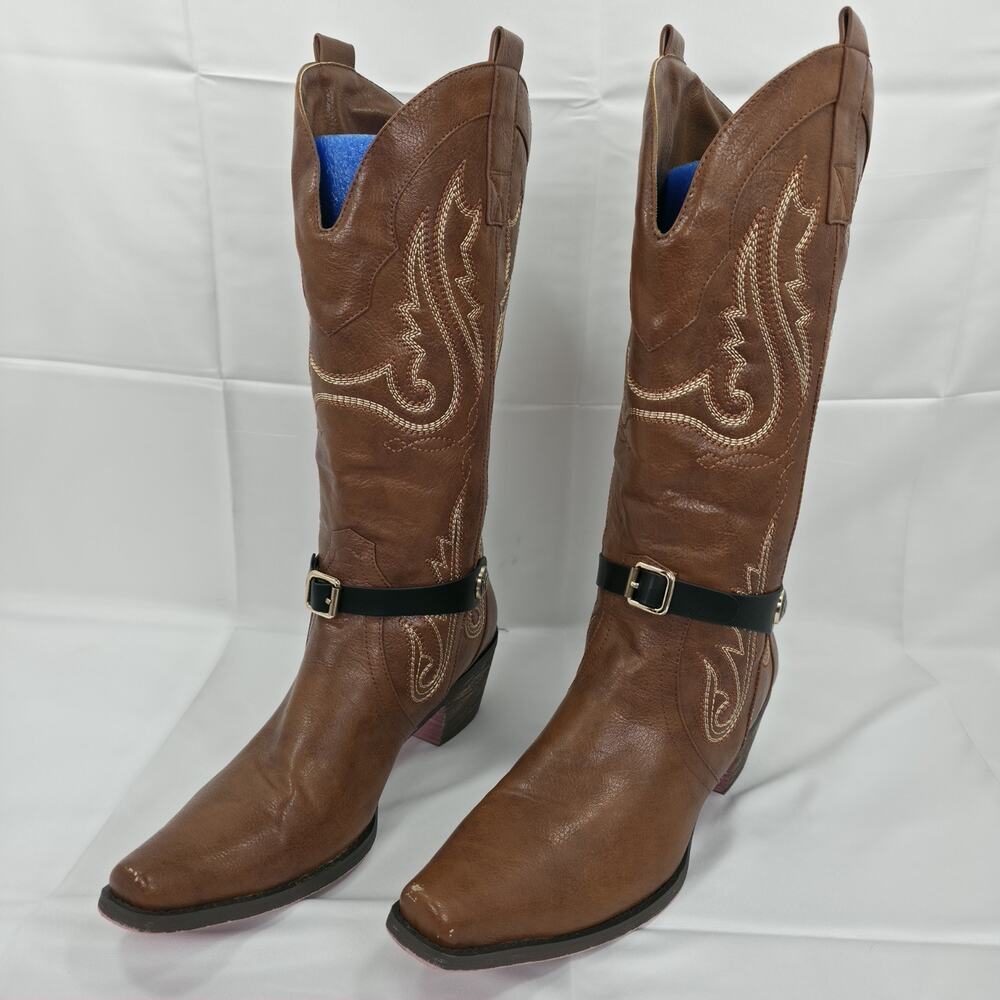 Rose Gentle Womens 10 Brown Cowboy Boots Western Embroidered Harness Buckle